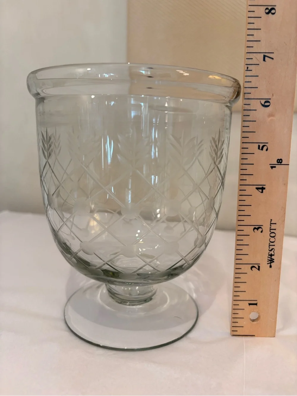 Etched Clear Glass Pedestal 6” Tall Hurricane / Vase